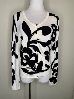 Elizabeth Embellished Floral Black Cream Cardigan Sz Small Petite